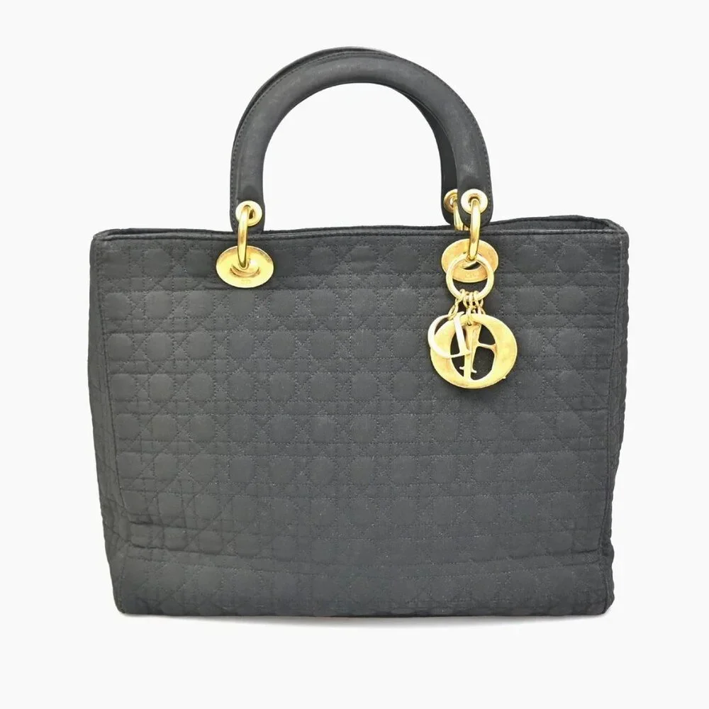 CHRISTIAN DIOR Logo Lady Cannage Hand Bag Nylon Leather Black GHW Italy 76ZA109 - Picture 1 of 16